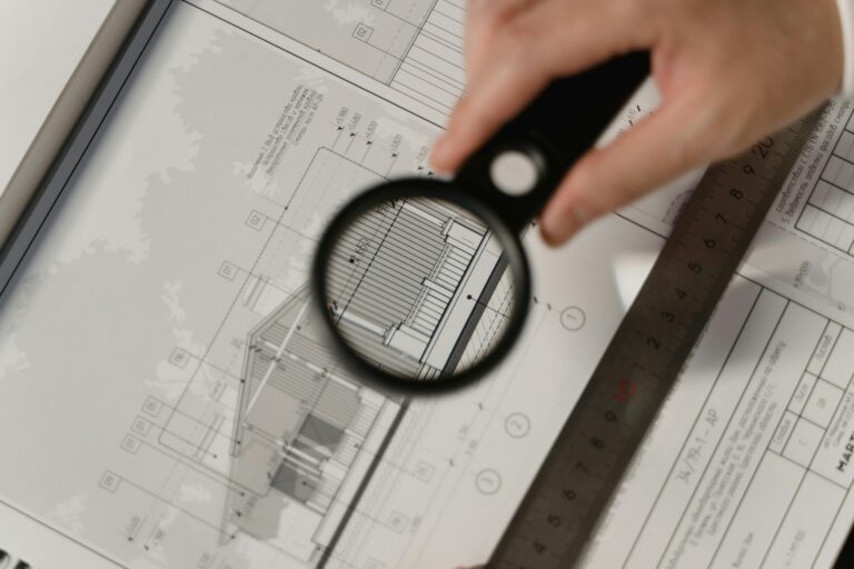 Magnifying glass hovering above a blueprint